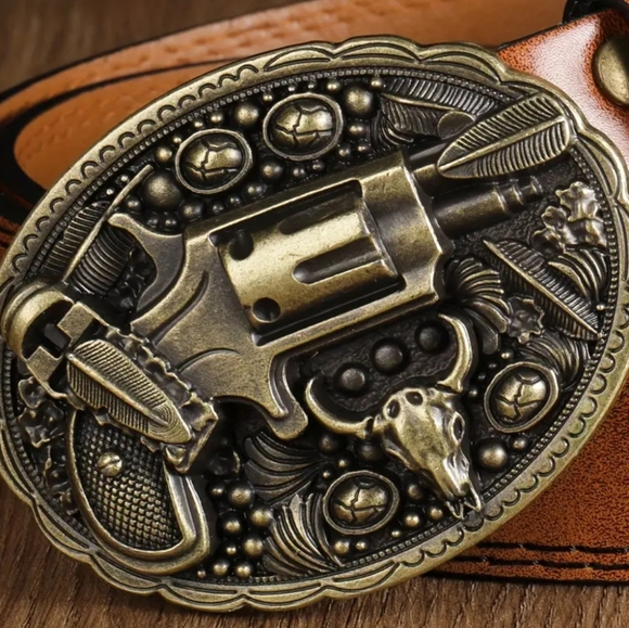 New Western faux revolver pistol theme feathers Longhorn bull belt buckle - Picture 5 of 5